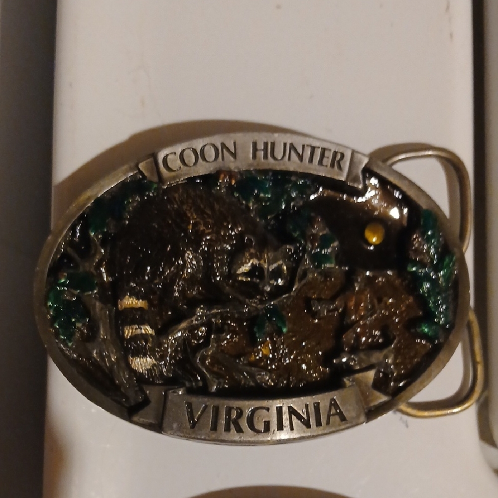 Vintage 1986 Coon Hunter Virginia Belt Buckle - Silver and Brown